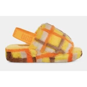 UGG Australia Women Fluff Yeah Slide Canary Yellow Plaid Sandals Slippers Sz 7